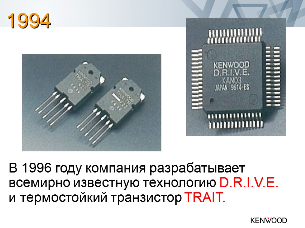 В 1996 году компания разрабатывает всемирно известную технологию D.R.I.V.E. и термостойкий транзистор TRAIT. 1994